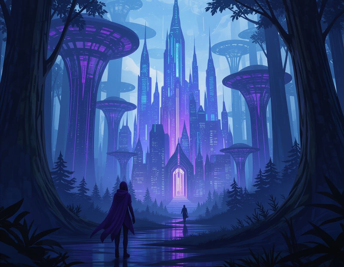 Cyberpunk Elven Forest in Purple Hues