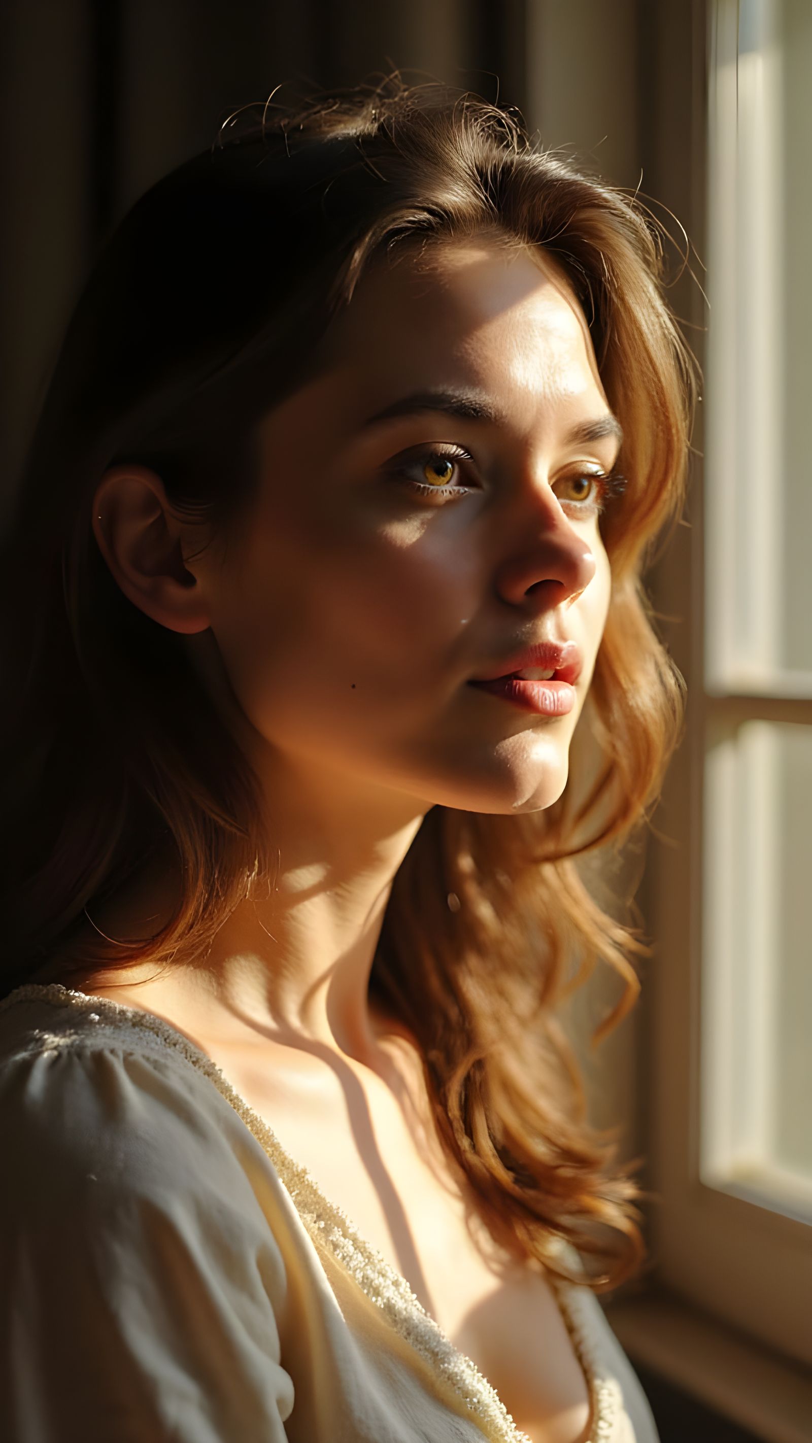 A Woman Lost in Thought, Illuminated by Soft Sunlight