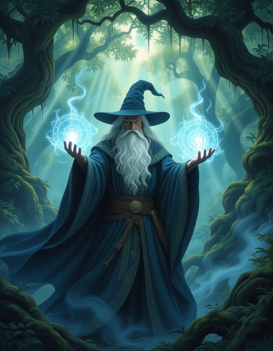 Wise Wizard Casting Spell in Enchanted Forest