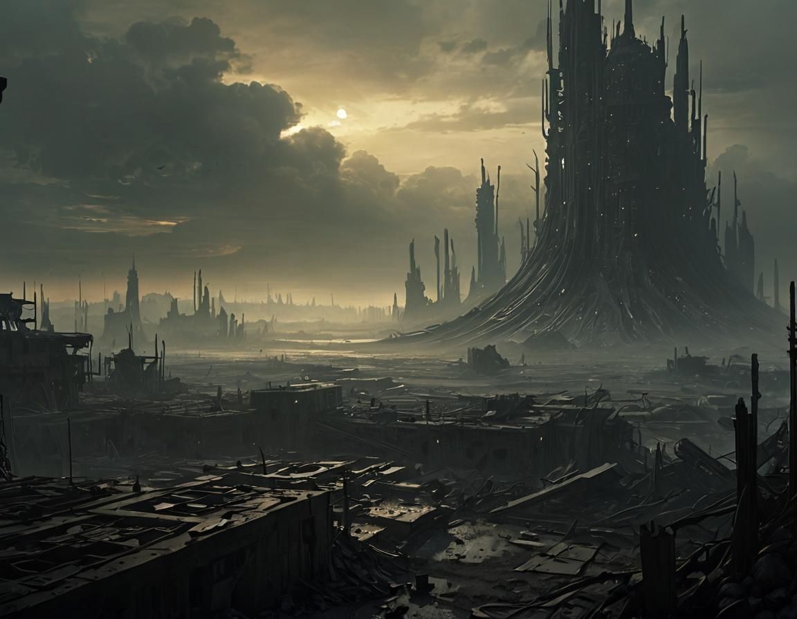 Dystopian Hive City Ruins: Giger and Beksiński Style