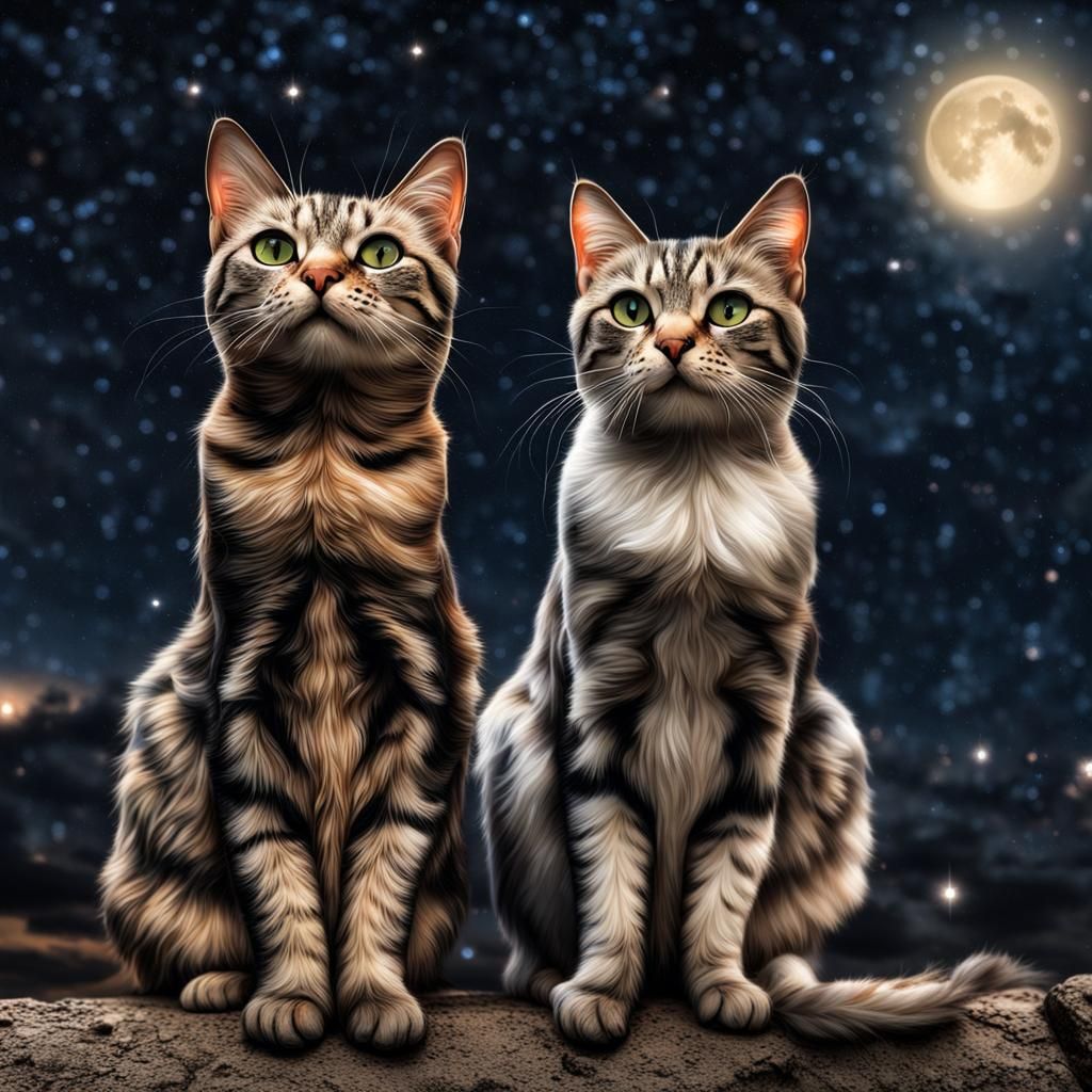Cats Under Stars in Hyperrealistic Style