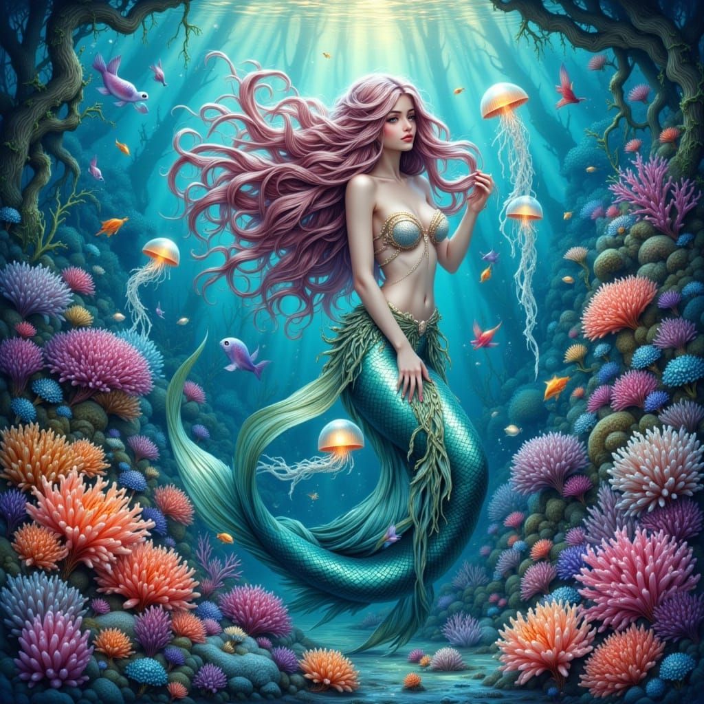 Ethereal Mermaid Garden in Watercolor Style