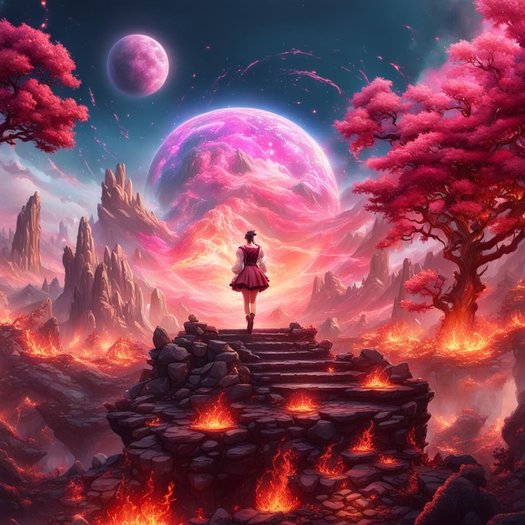 K-Pop Singer on Stage with Burning Sky Backdrop