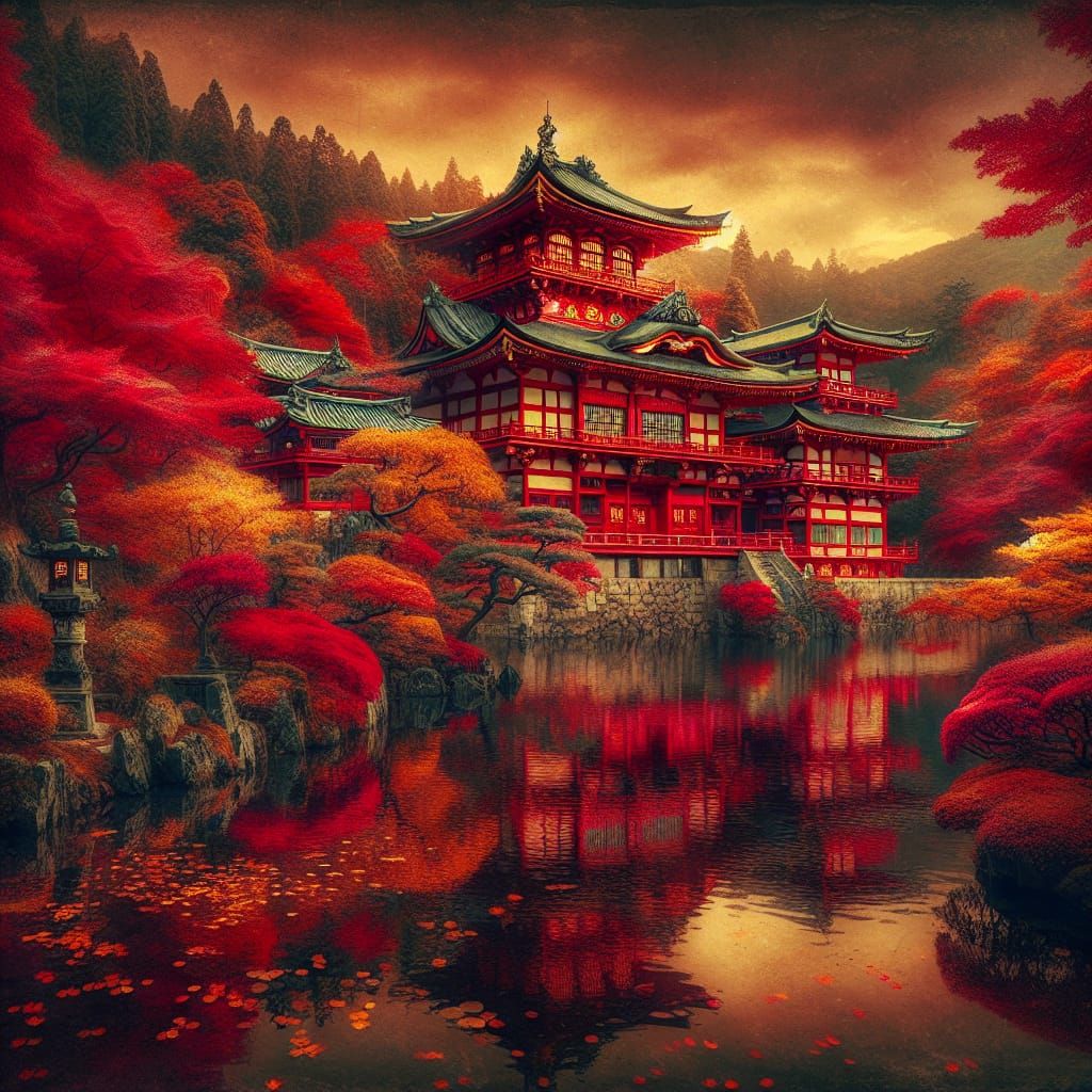 Red Castle Reflected in Lake, Ukiyo-e Illustration