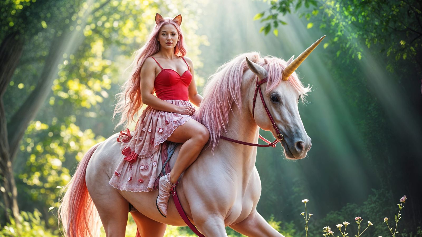Pink Haired Woman on Unicorn in Enchanted Forest