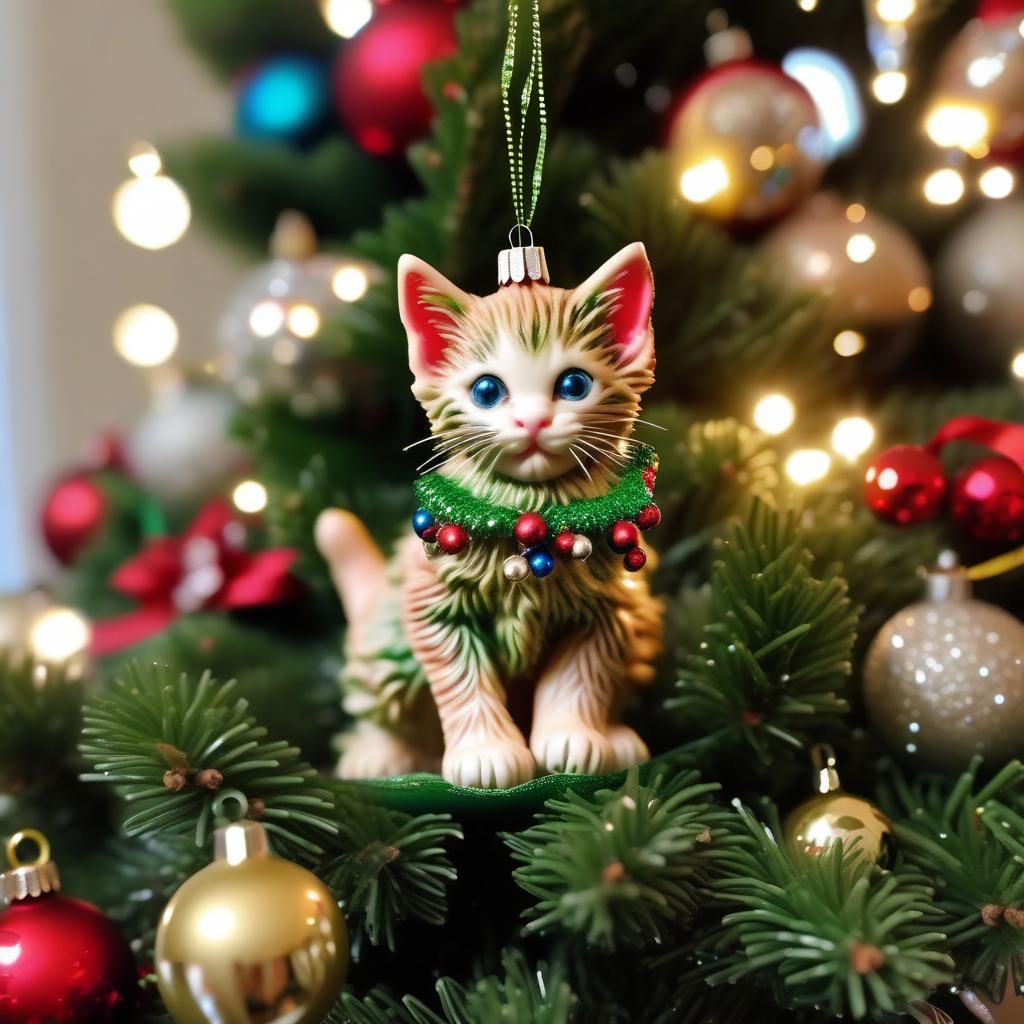 Christmas Tree with Adorable Kitten Ornaments