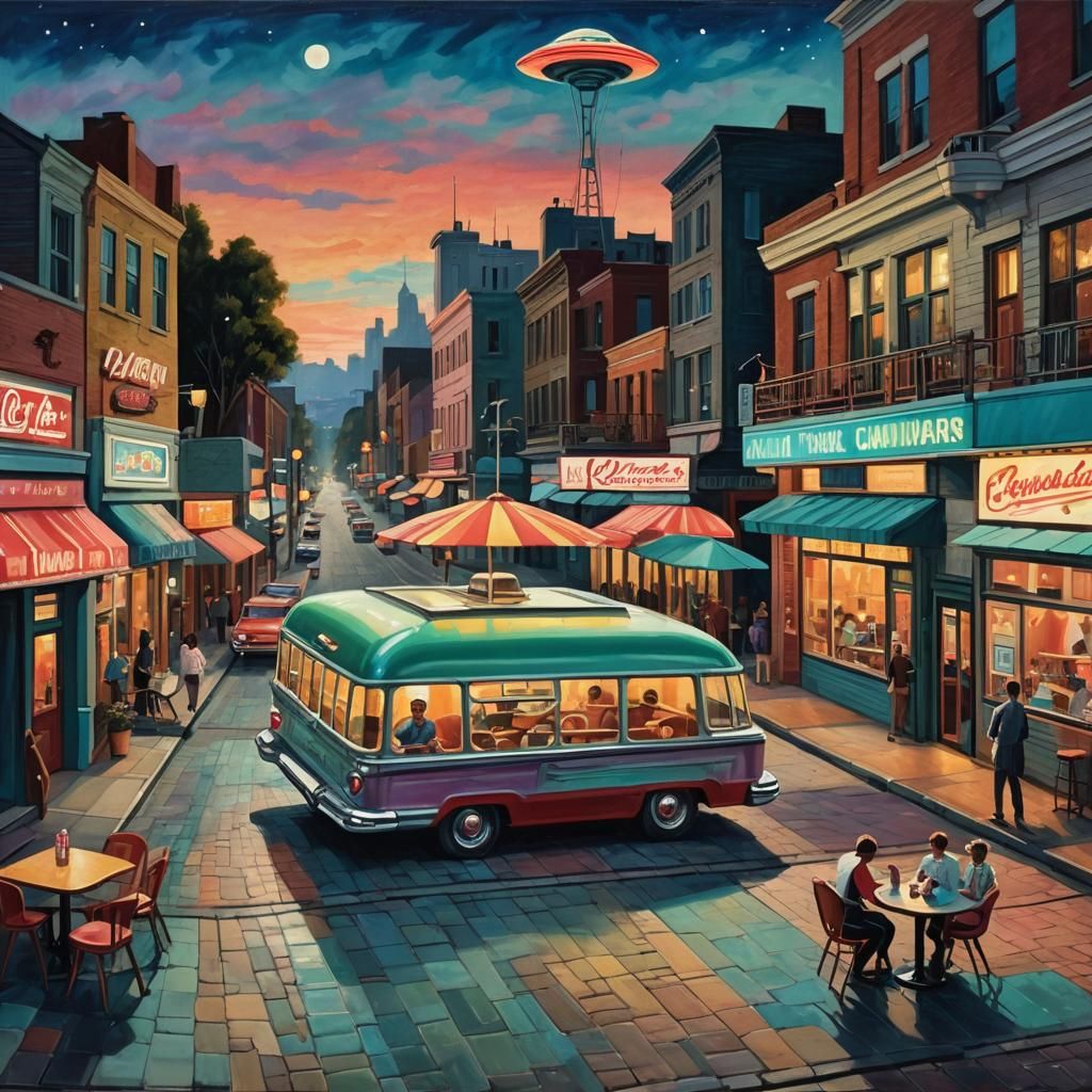 UFO Over 50s Town in Neo-Impressionist Style