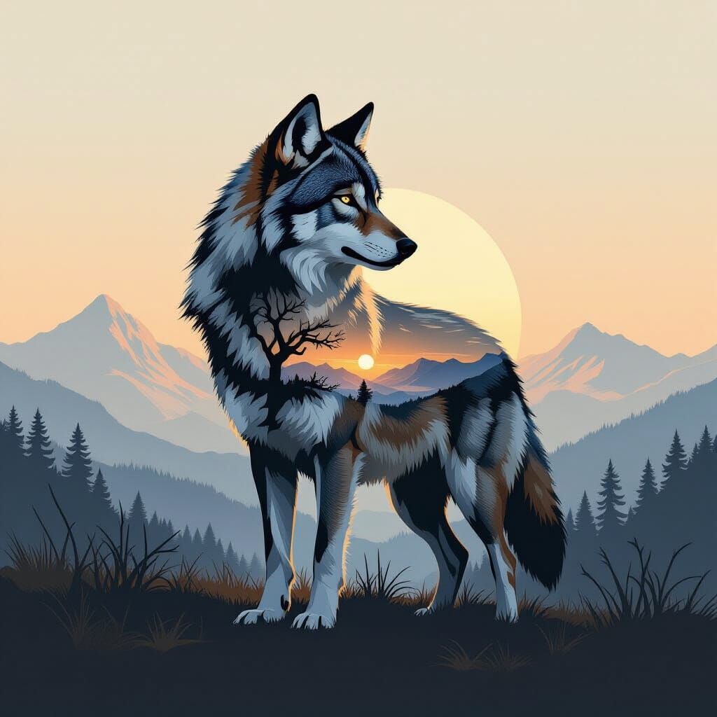 Majestic Wolf at Dawn in Gouache Painting Style
