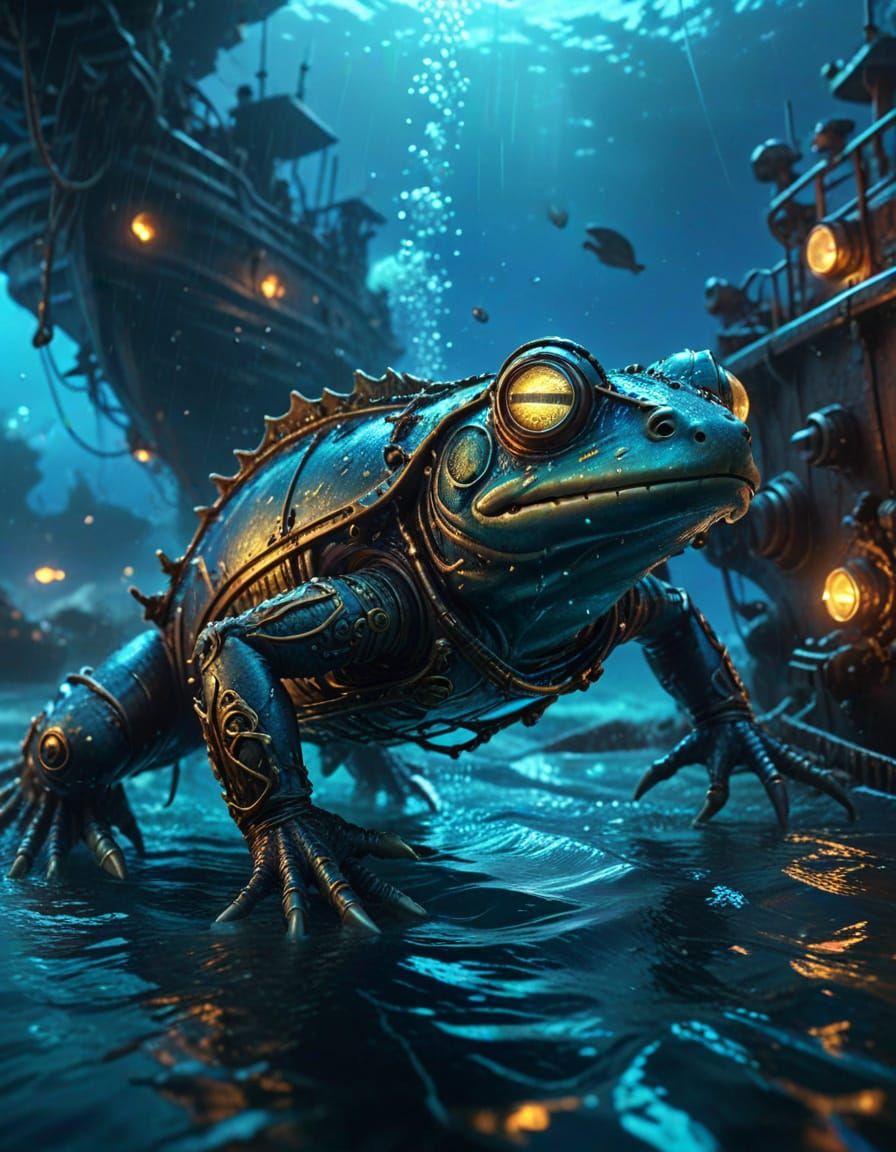 Steampunk Amphibian in Epic Underwater Shipwreck