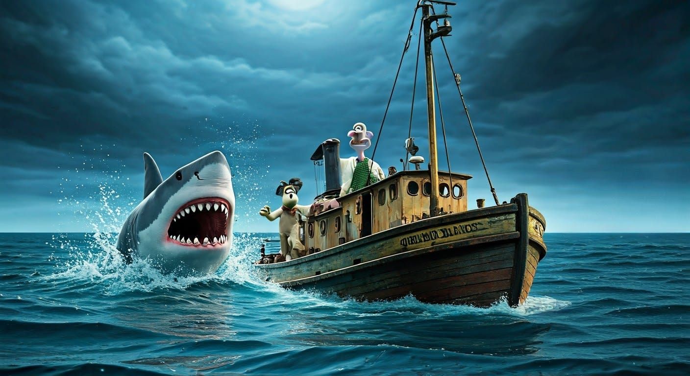 Wallace and Gromit Flee from Shark on Grand Banks Trawler