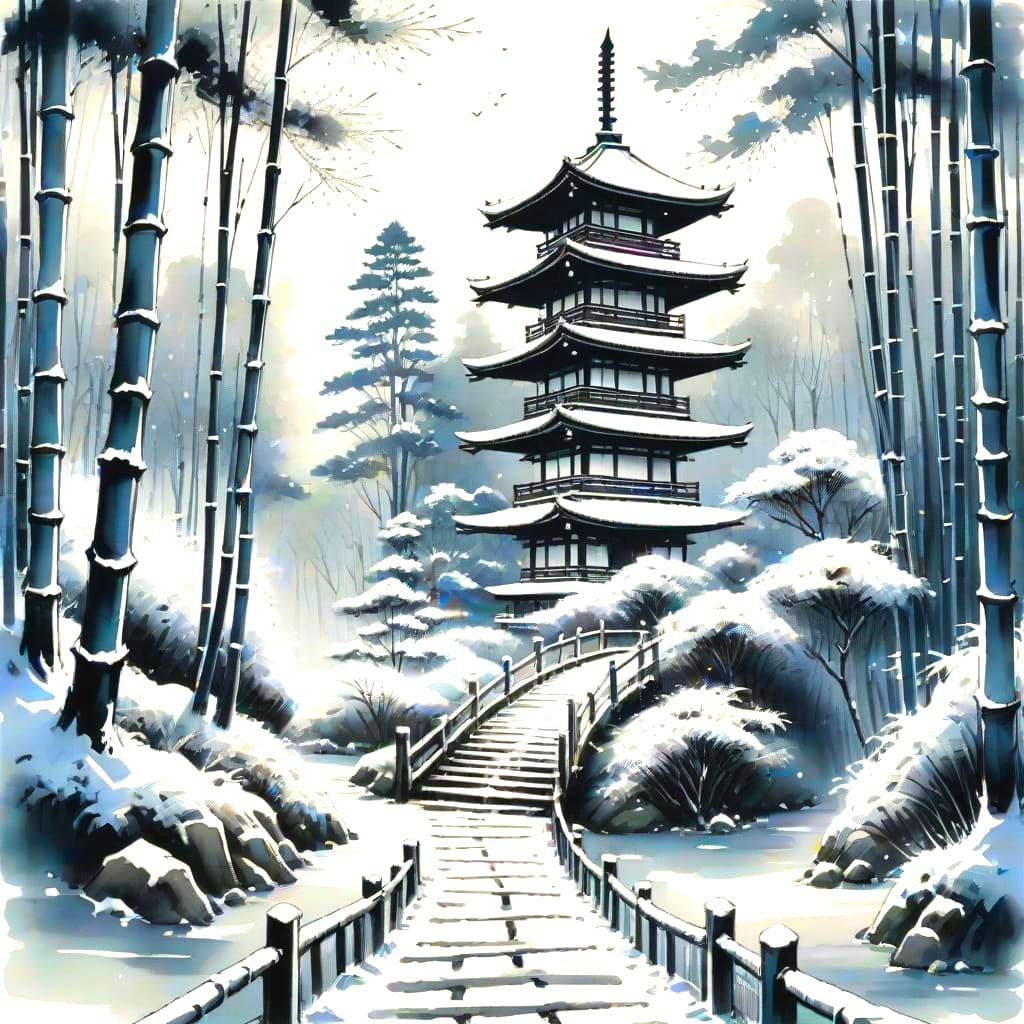 Pagoda in Bamboo Grove: Sumi-e Ink Painting