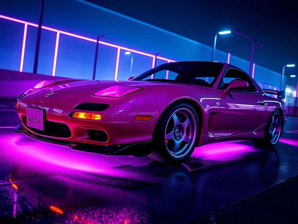 Mazda RX7 with Neon Lights in 8K Splash Art