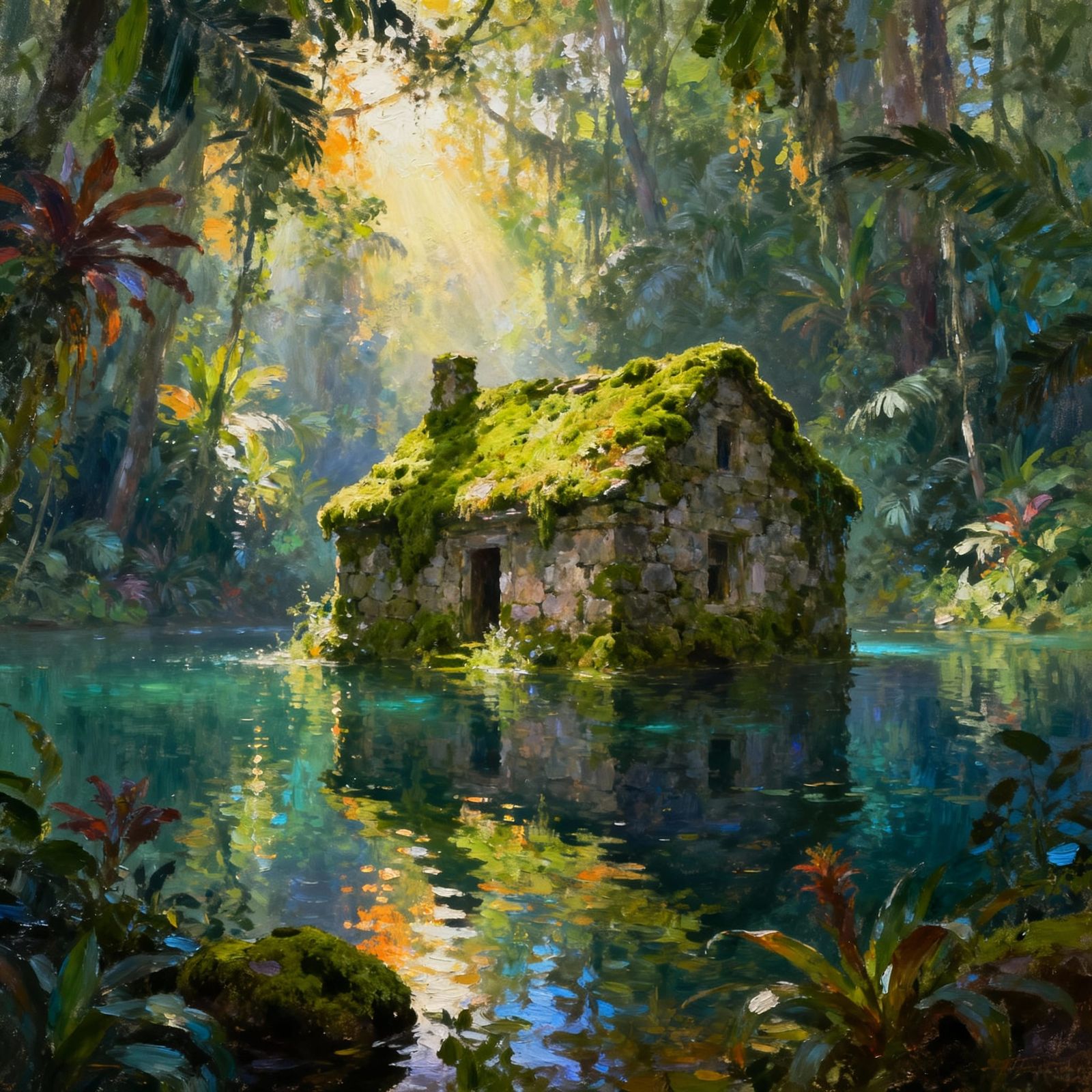 Ancient Mossy House by Shimmering Lake in Jungle