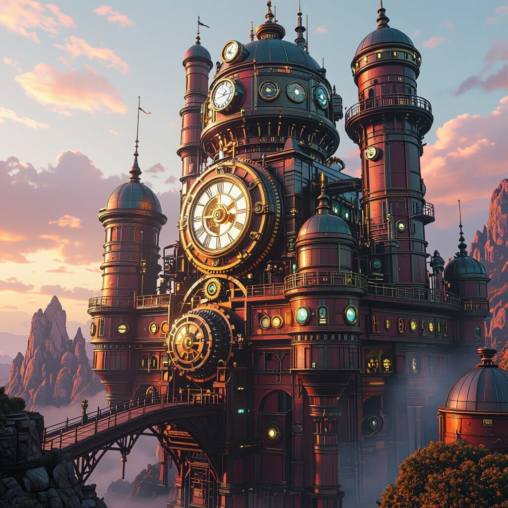 Steampunk Fortress with Clockwork Machinery
