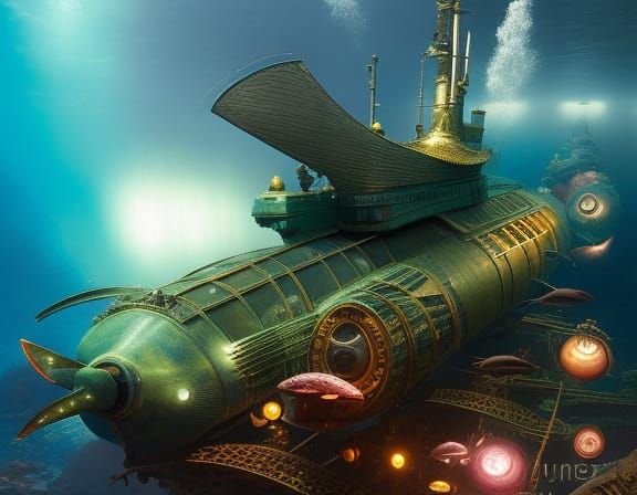 Steampunk Nautilus Submarine Underwater: Hyperrealistic Conc...