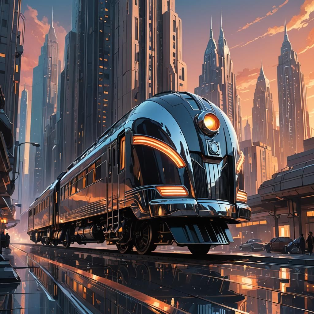 Art Deco Train in Retro Futuristic Metropolis