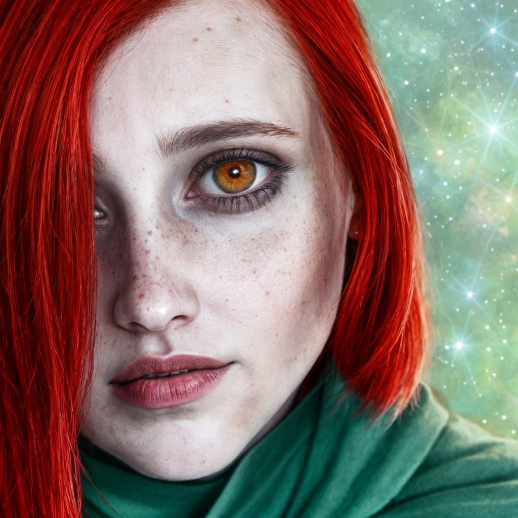 A female jedi in her twenties, with red hair and freckles, wearing a dark robe, portrait, a slightly smile upon her lips...