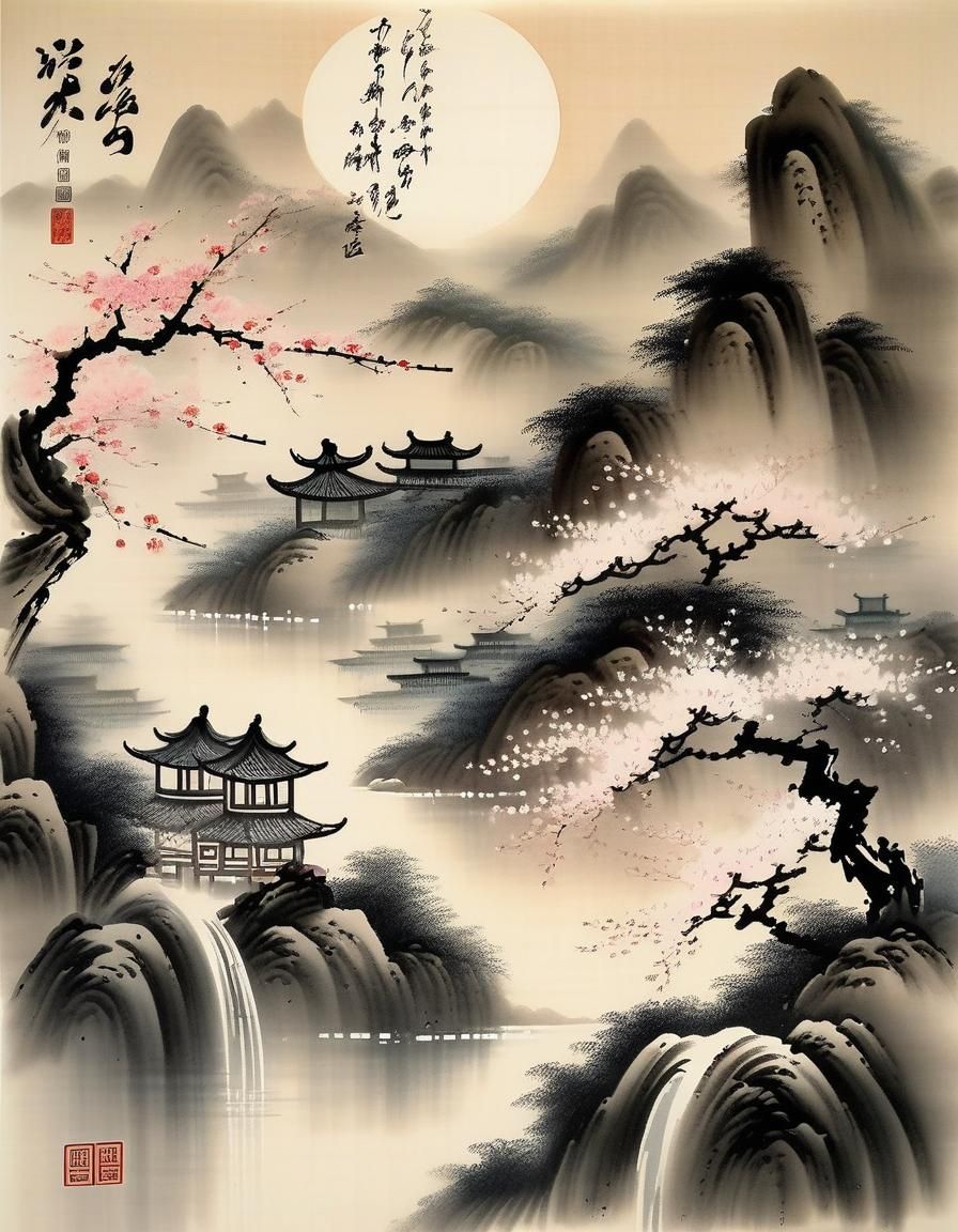 Moonlit Spring Landscape in Chinese Ink Painting