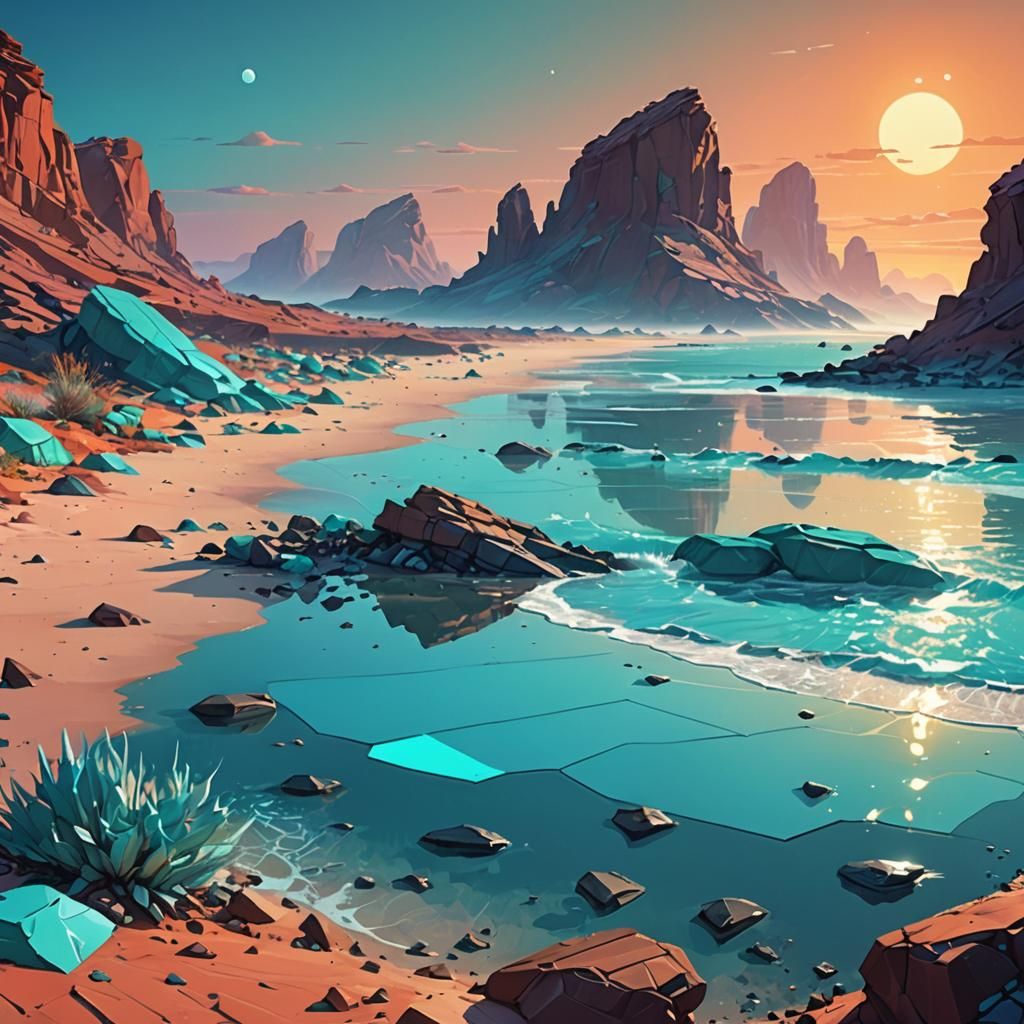 Martian Shoreline Meets Turquoise Sea: Low-Poly Sci-Fi Art