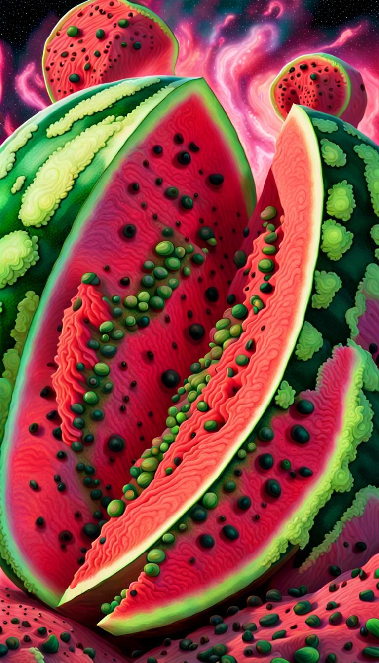 Colossal Watermelon Interior as Hyperrealistic Galaxiescape