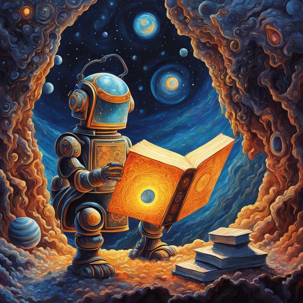 Celestial Robot Dusting Tomes: Cosmic Surrealism