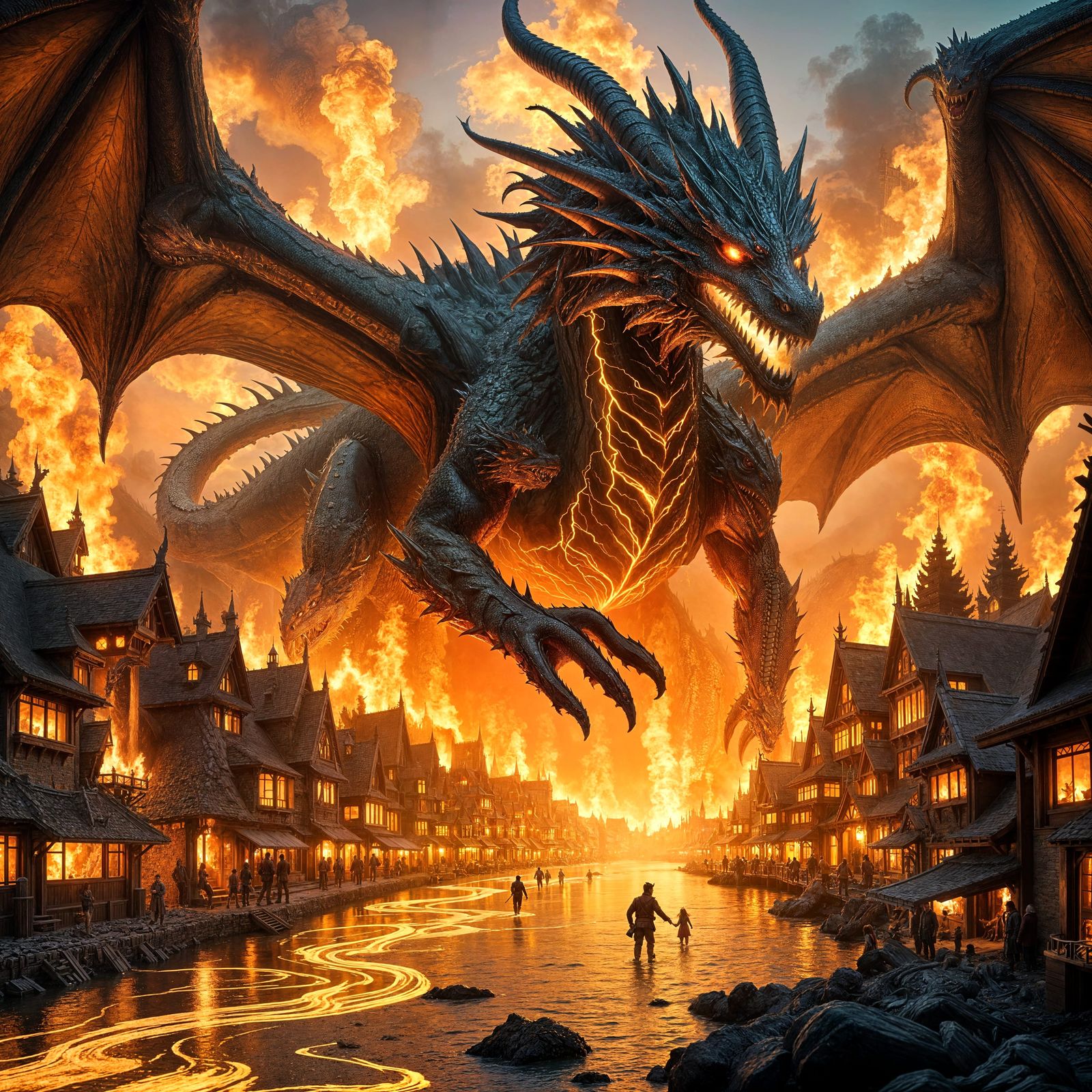 Dragon Smaug Attacks Laketown in Flames