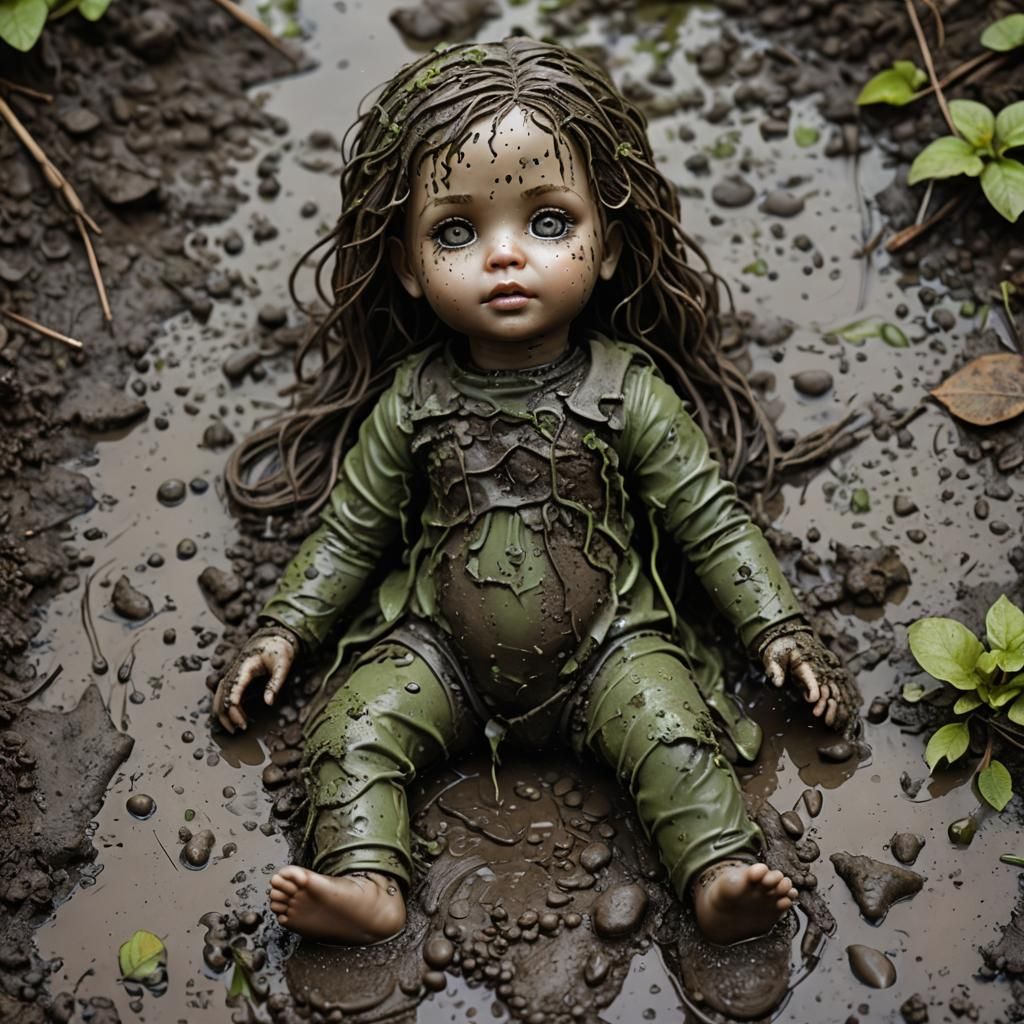 Mud-Covered Doll in Murky Puddle: Fantasy Realism