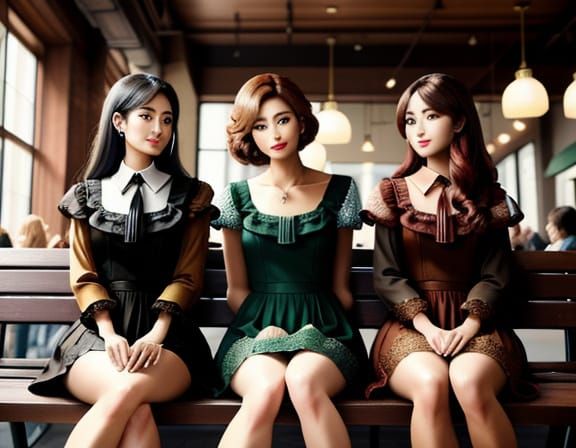 Three Women Pose Together in Vintage Cafe Style