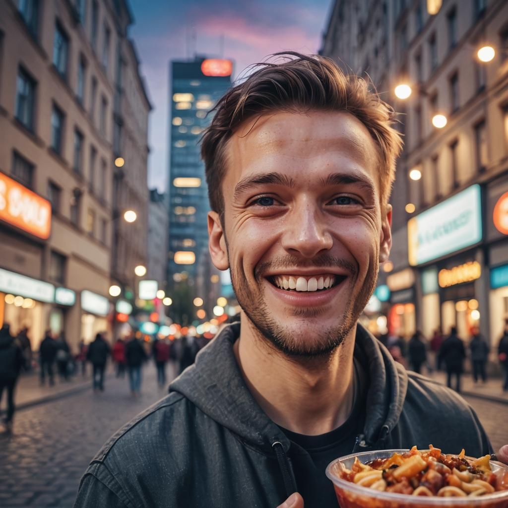 Smiling Foodie in Macro City Portrait