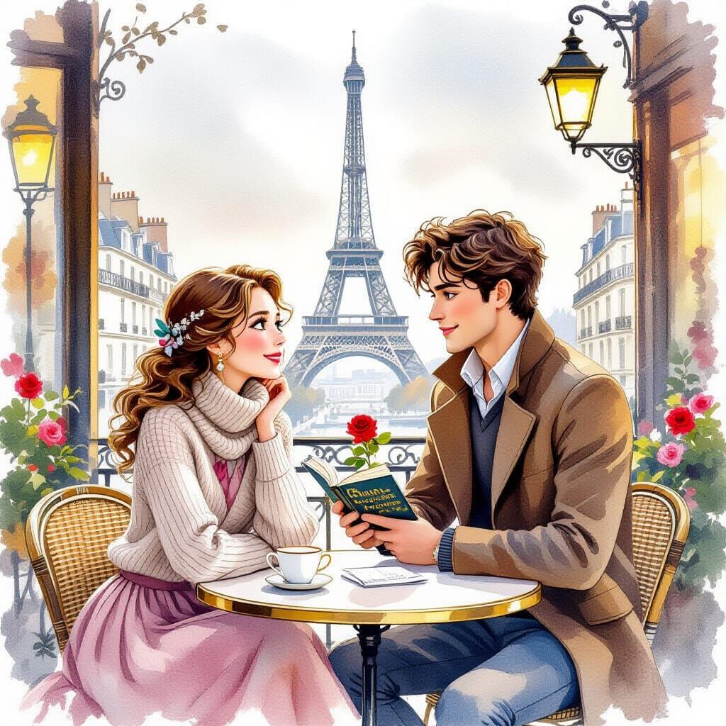 Romantic Paris Cafe Scene in Watercolor Style