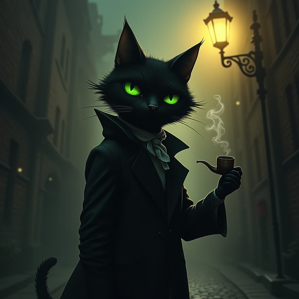 Mysterious Cat-Faced Figure Ponders Under Victorian Streetla...