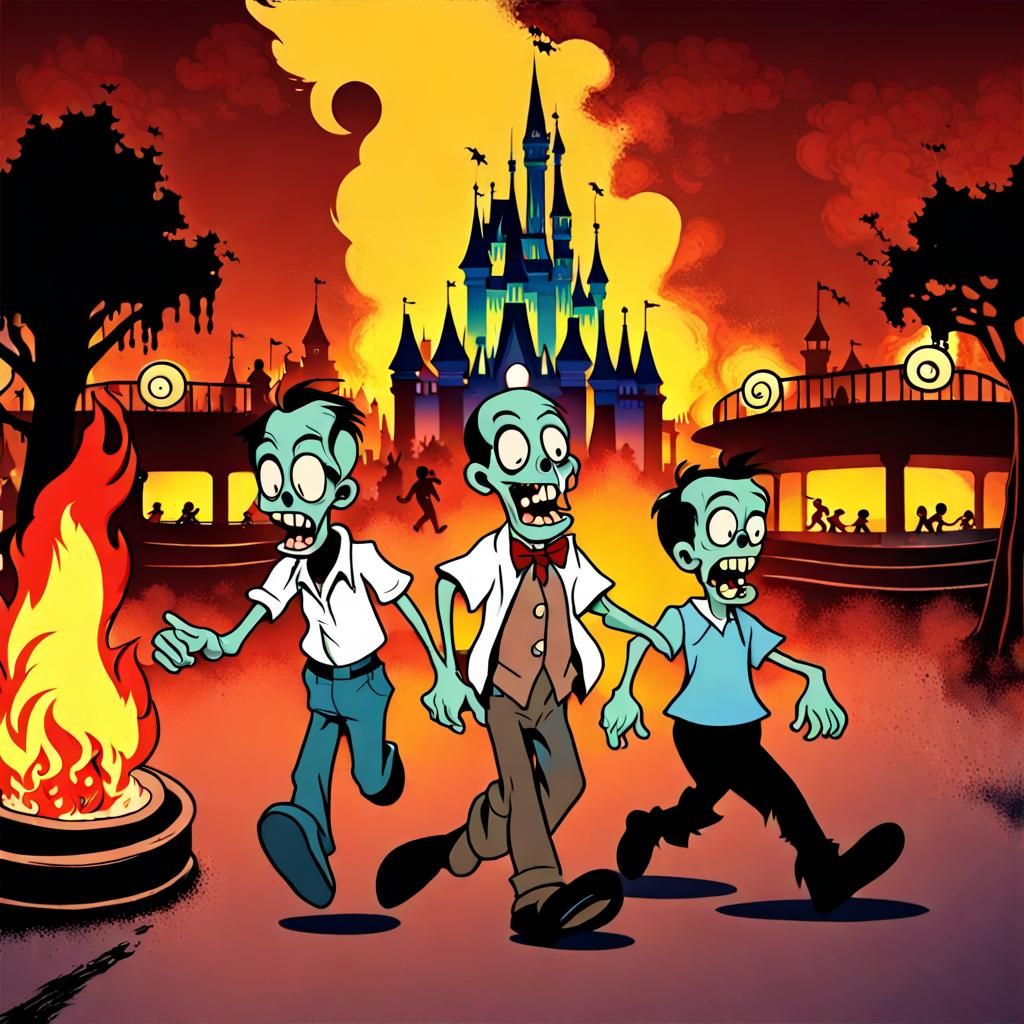 zombie walt disney mascots, empty amusement park, people running, fire, strange background, creepypasta,