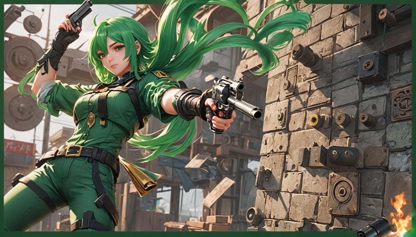 Anime Woman with Green Hair Shooting Revolver