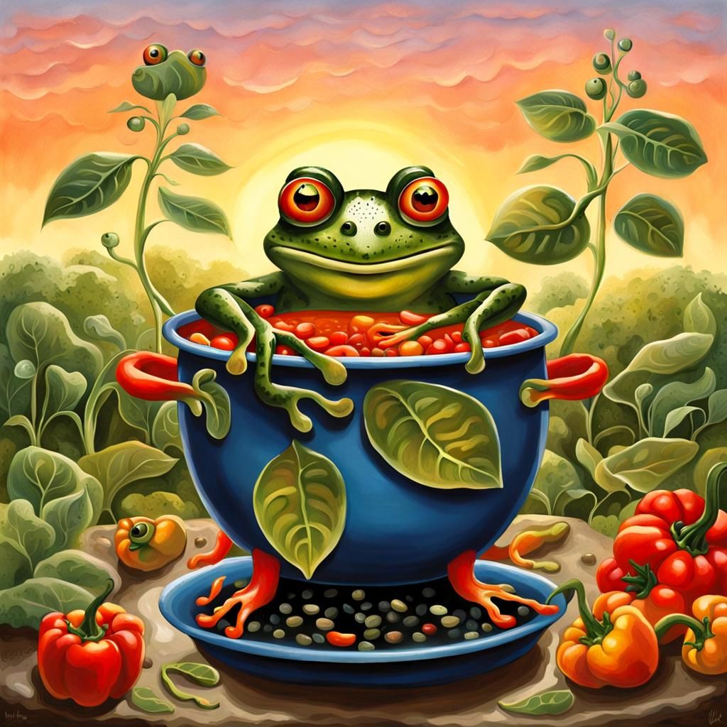 Whimsical Frog in Soup Pot at Sunrise