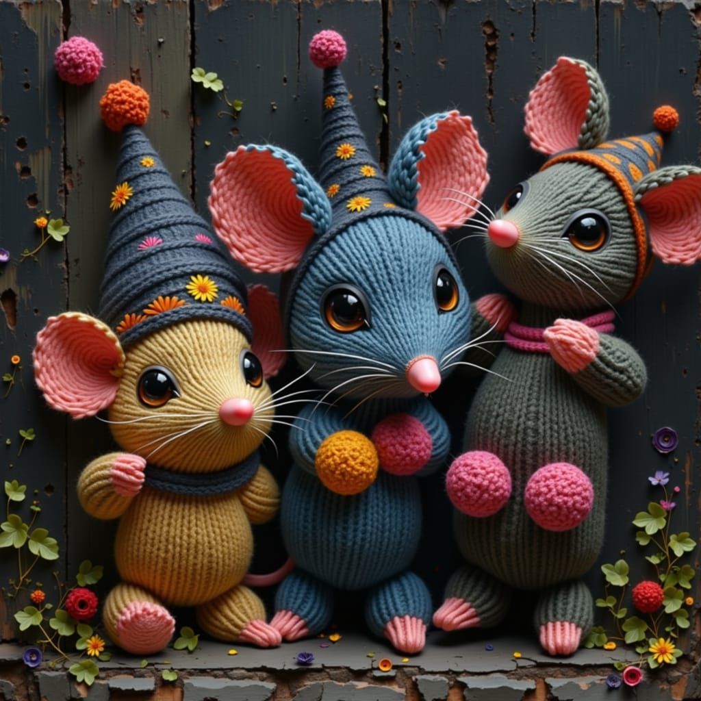 Playful Yarn Mice in Cityscape, Surreal Art Style