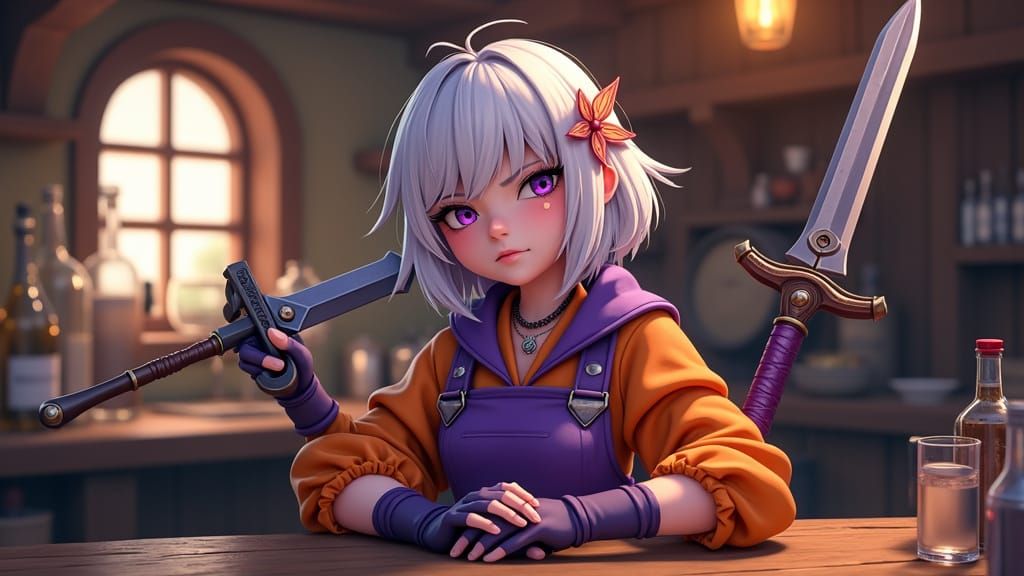 Fantastical Tavern Keeper in Vibrant Hues and Ancient Blades