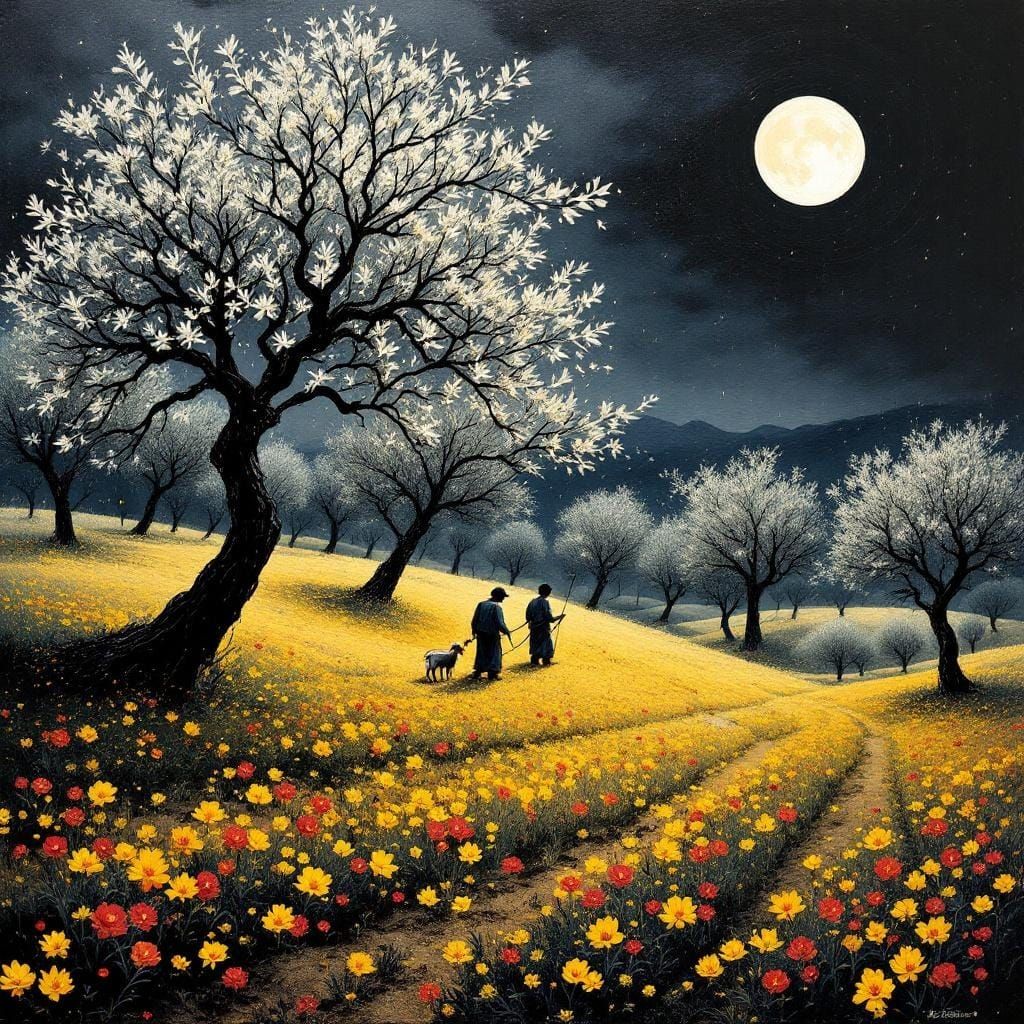 Olive Grove Laborers in Storm, Impasto Oil Painting