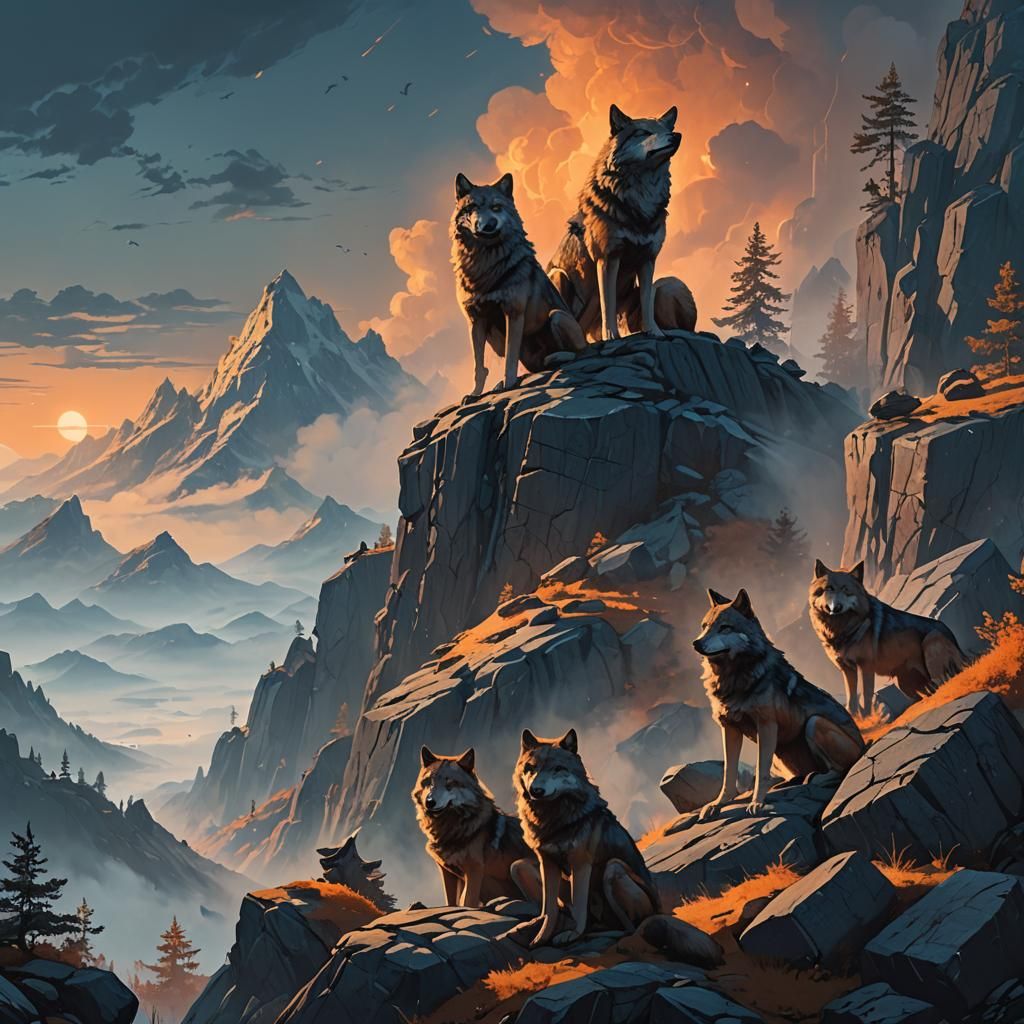 Wolves on Mountain Peak: Fantasy Concept Art