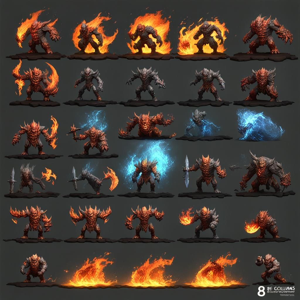 Elemental RPG Monster Sprite Sheet in Detailed Matte Style
