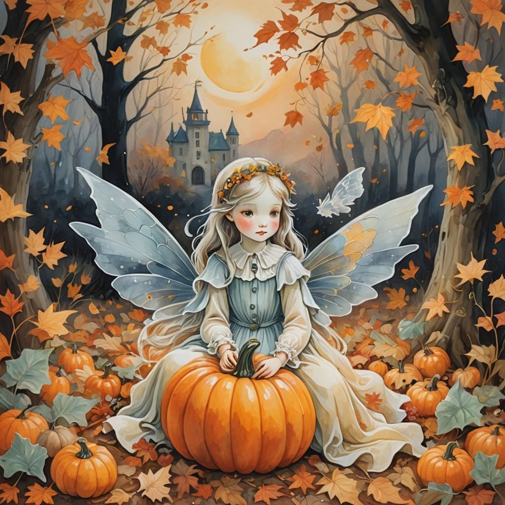 Ghost Fairy with Pumpkin in Whimsical Gouache Painting