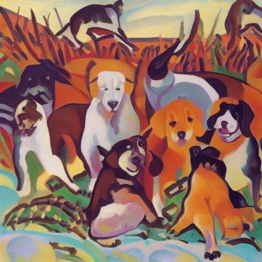 Canine Cowboys Ride Across the Steppe in a Vivid Landscape