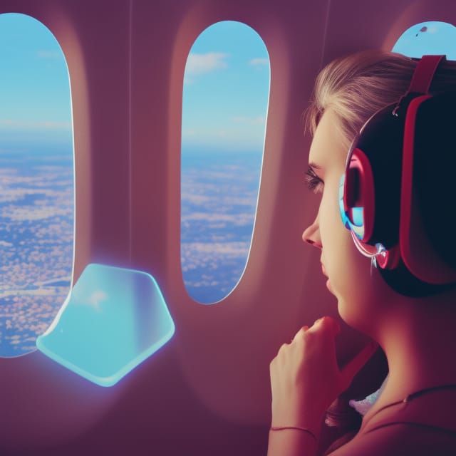 Woman Gazing from Plane Window in Synthwave Style