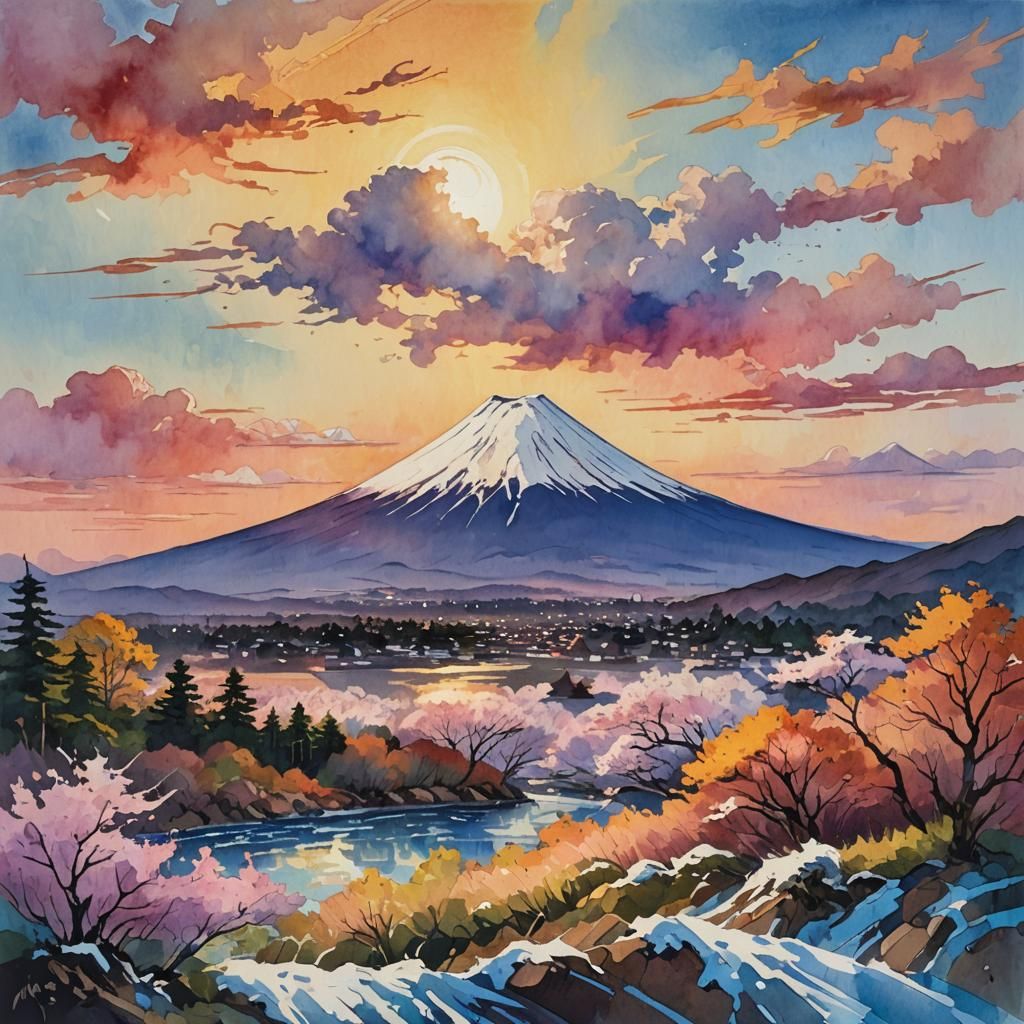 Mount Fuji Sunset: Impressionist Maximalist Masterpiece