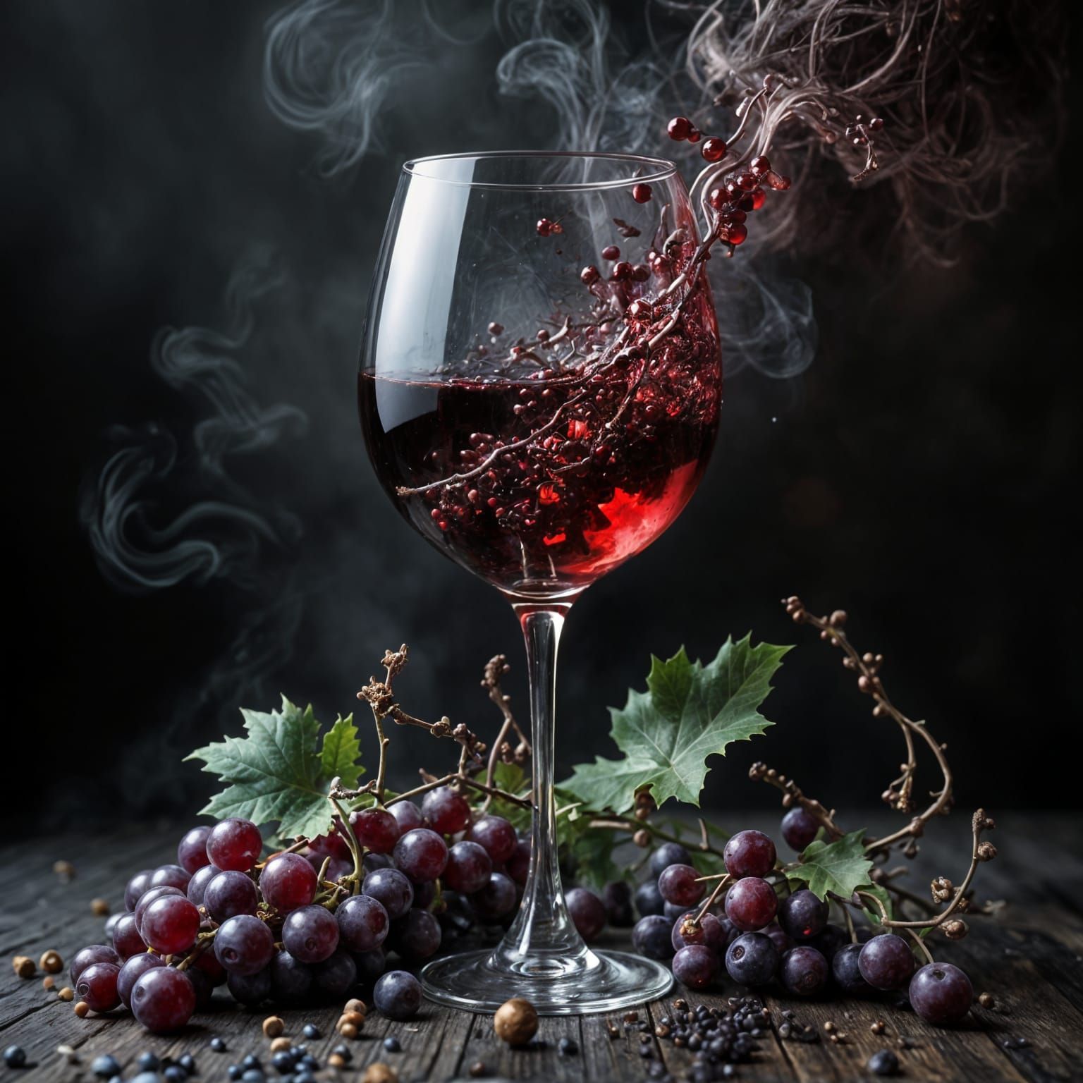 Crystal Goblet of Merlot with Swirling Smoke and Grapes