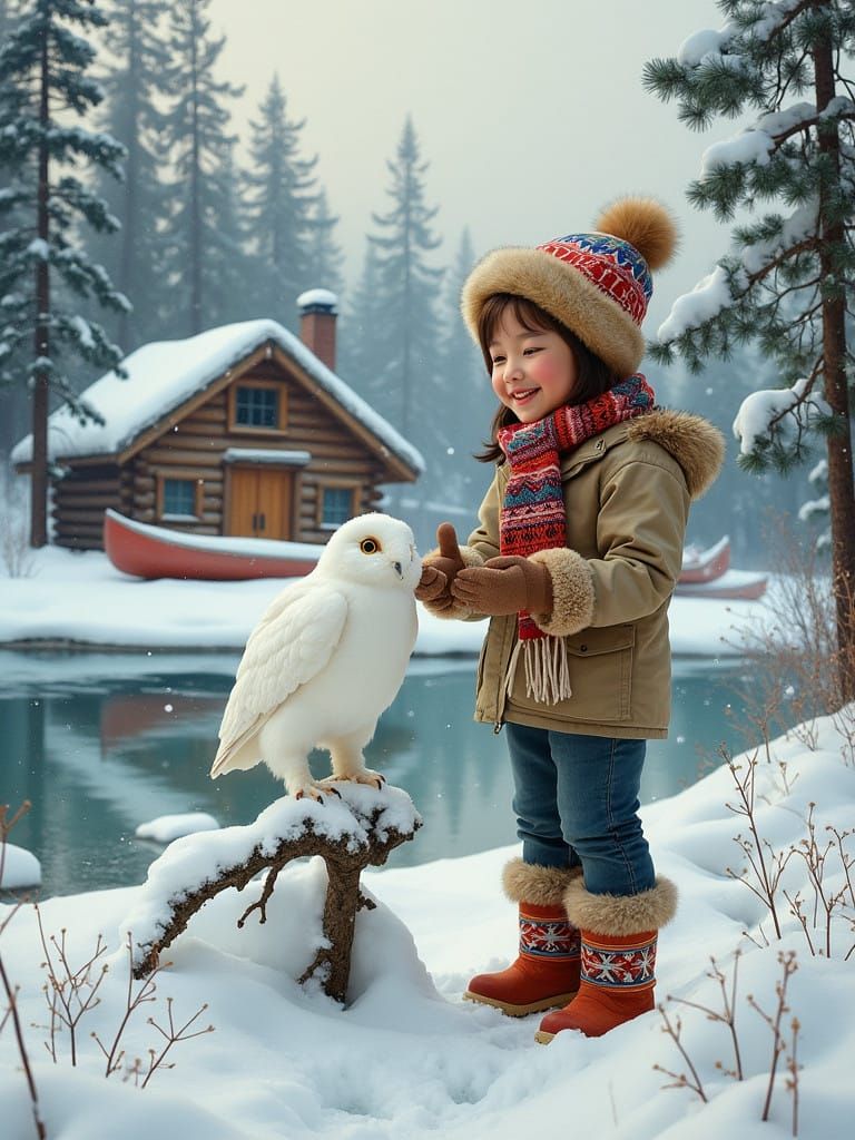 Winter Woodland Scene with Snowy Owl and Girl in Traditional...