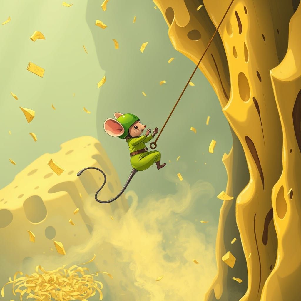 Mouse Leaps into Whimsical Cheese Abyss in Neon Style