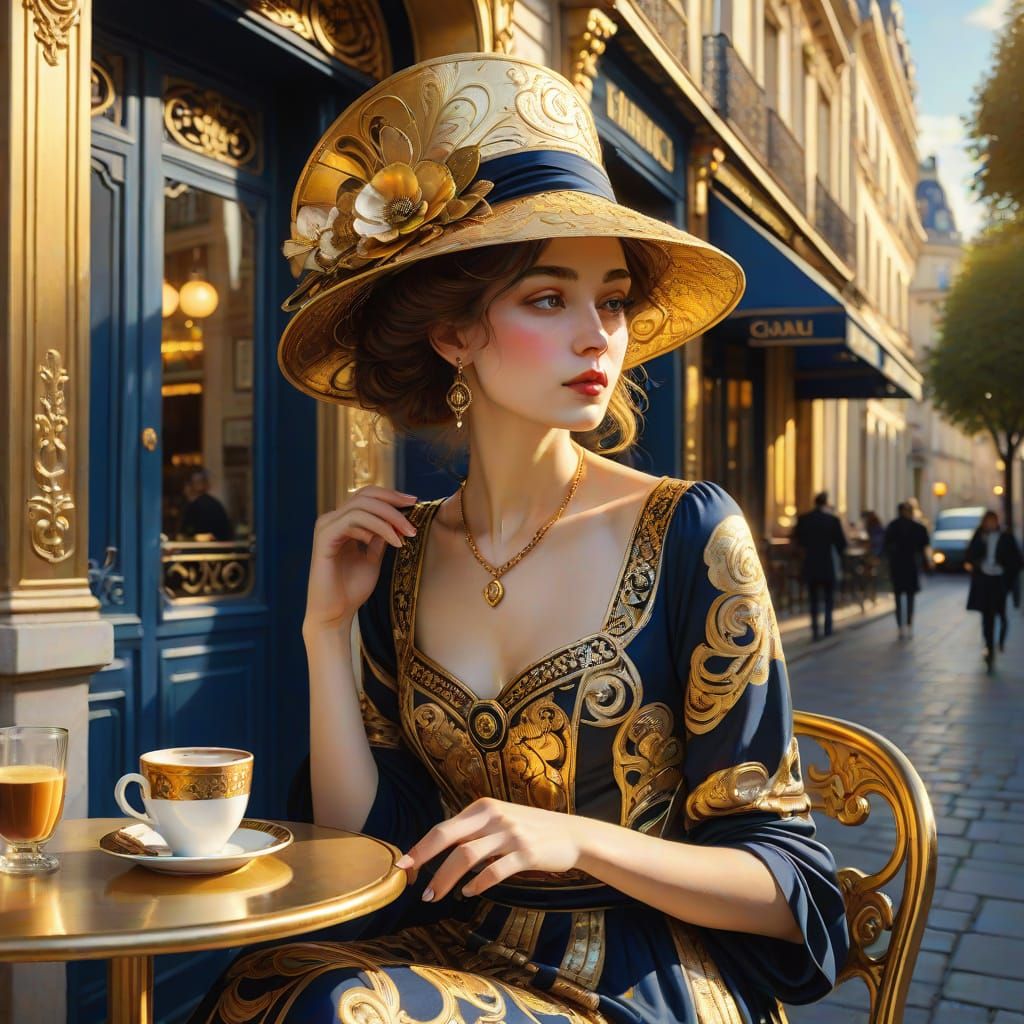 Elegant Lady Sits in Parisian Café at Golden Hour