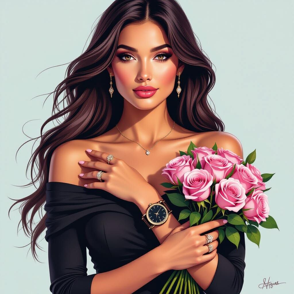Woman in Black Dress with Roses, Hyperrealistic Style