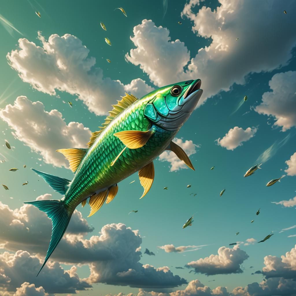 Flying Fish in Green Sky: Fantasy Concept Art