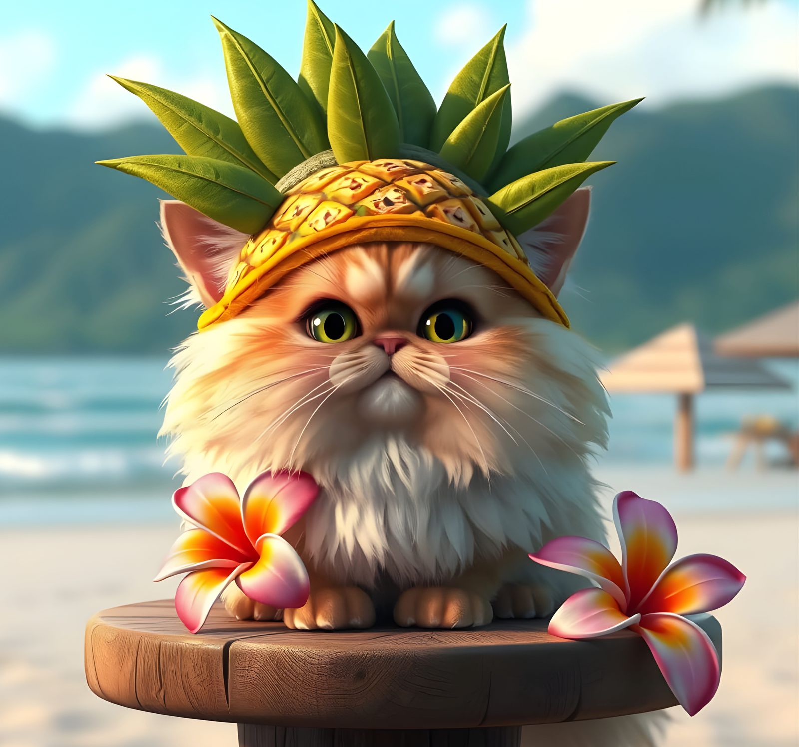 Fluffy Persian Cat Enjoys Tropical Oasis